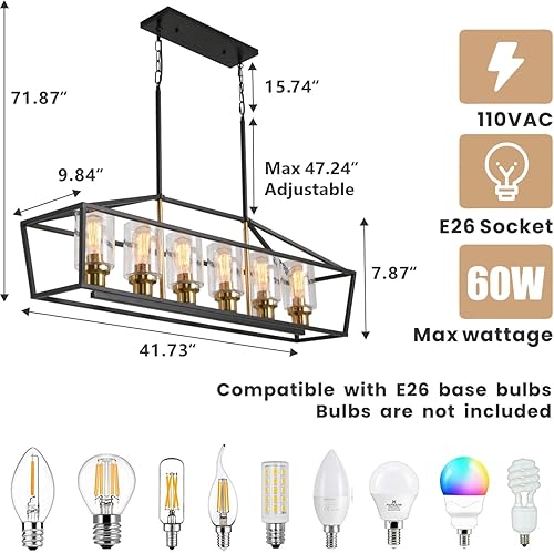 Miniatura 4 de Iluminación negra para isla de cocina, 6 luces, moderna casa de campo, comedor, lámpara de araña lineal rectangular con pantalla de vidrio sembrado