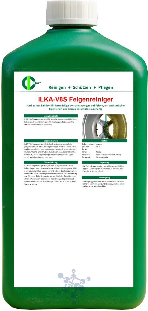 ILKA® - V8S środek do czyszczenia felg kwaśny | 20L | do pielęgnacji felg aluminiowych, aluminiowych i stalowych, kołpaków samochodowych - silny środek do ekstremalnych zabrudzeń