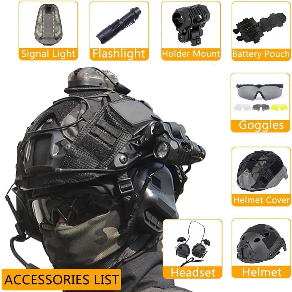 Casco Combate Ajustable,Casco Táctico Rápido con Funda Mimética Camuflaje Gafas Protección Panorámicas Luz Señal LED para Paintball Deportes Aire Libre CS Juego Tiroteo