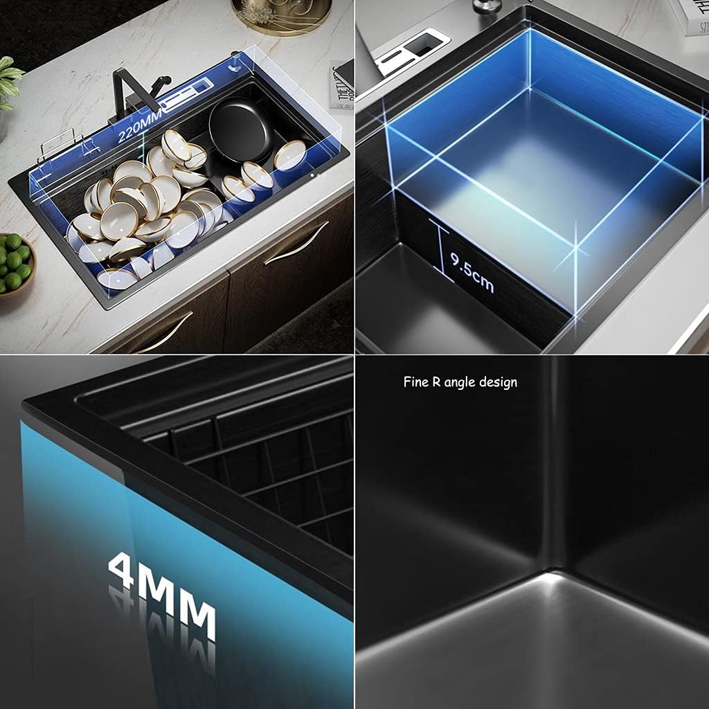 Bar Sinks Black Nano Large Capacity Double Bowl Stainless Steel Built-in Slots with Drain Strainer Center Drainage