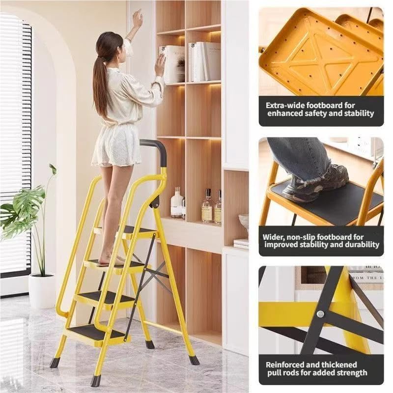 Image of 4 Step Ladder, 4 Step Stool for Adults Folding Step Stool with Handrails, Ladders for Home Kitchen Pantry Office, 500 lb Sturdy Steel Ladder with Anti-Slip Wide Pedal, Yellow