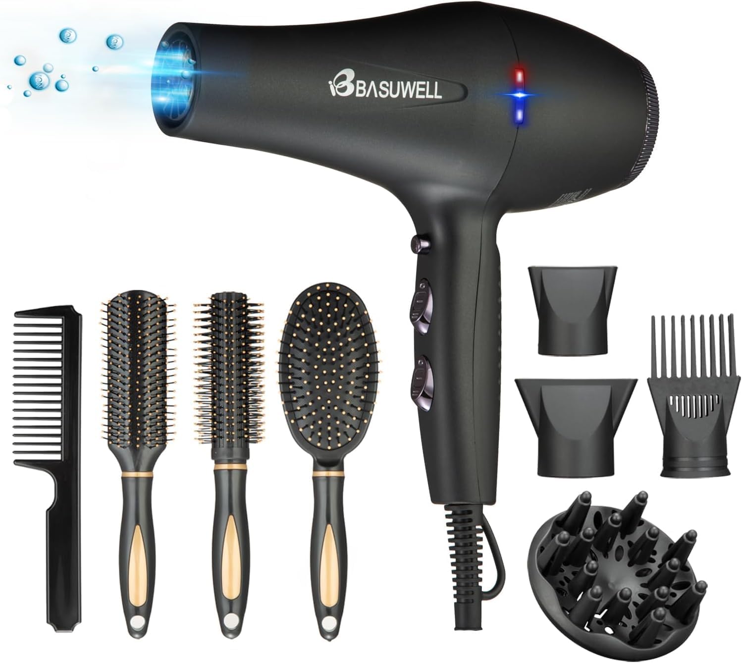 Secador de pelo profesional Ion 2400W Secador de pelo 3 Calefacción 2 velocidades Secador infrarrojo lejano Motor de CA de bajo ruido con difusor de secador de pelo (negro mate)