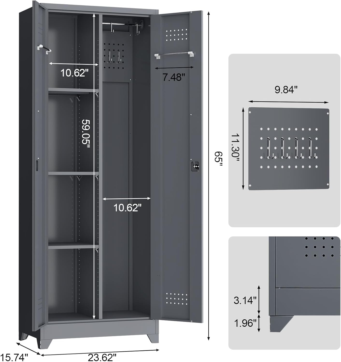 LUCYPAL 65" H Metal Garage Storage Cabinet with Shelves and Lock,Broom Closet Storage Cabinet with Hanging Rods for Mops,Garage Tool Cabinets for Utility Room,Laundry Room,Grey