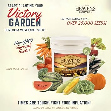 Heavens Harvest - 10 Year Survival Or Homestead Garden | 25k+ Heirloom Vegetable Seed Bank Kit | Includes Seed Vault Storage Drum | Non-GMO