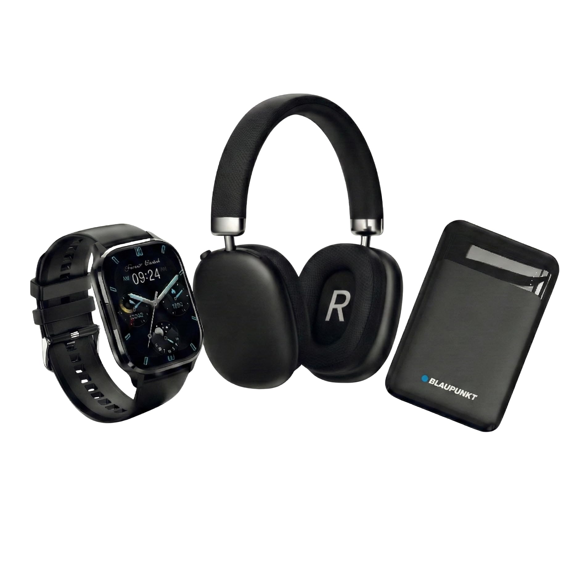 BLAUPUNKT Smartwatch 3 w 1 Pack z połączeniami Bluetooth + bezprzewodowy zestaw słuchawkowy Bluetooth z redukcją szumu + zewnętrzna bateria 5000mAh USB-C Power Bank