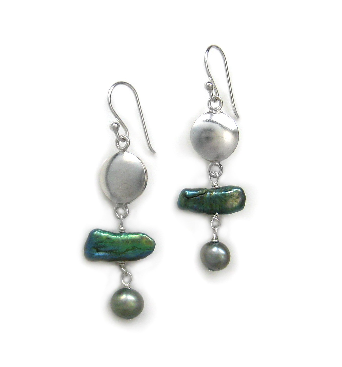 Sterling Silver Cultured Stick Pearls and Cultured Pearl Drop Earrings, Green