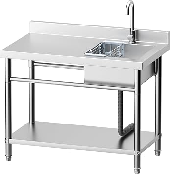 Utility Sink Freestanding Single Bowl Laundry Sink with Hot and Cold Water Plumbing Workbench & Storage Stainless Steel Sink for Kitchen and Bathroom Farmhouse Style, 39Inch, Metallic Gray