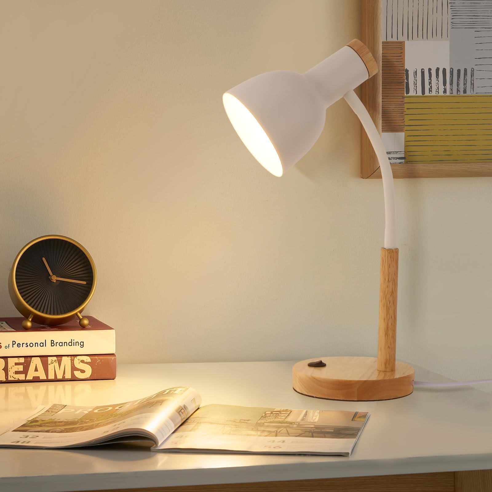 kaixunl Lámpara De Sobremesa De Metal Y Madera, Lámpara De Mesilla De Noche De Metal, Dirección De La Cabeza De La Lámpara Ajustable, Para Dormitorio, Estudio, Habitación Infantil, E27, D15cm X H47cm