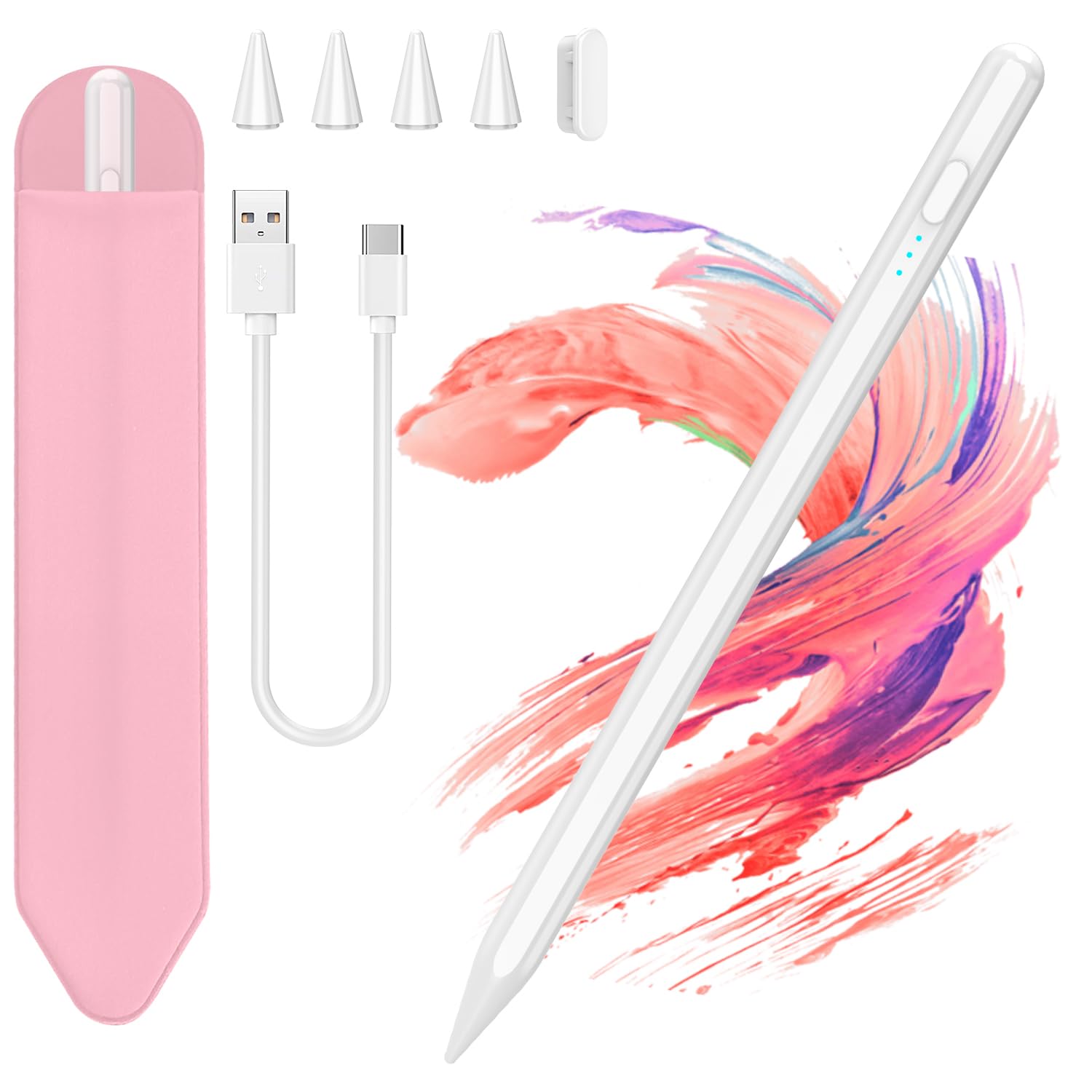 COO Stylus Pen for iPad, Pencil with Three Digit Indicator Light capacitive Pen, for Universal Pen Box Packaging (White02, 1 Plus 4 Pen Tips & 30cm Cable & Pink Pen Plugs)-image-25