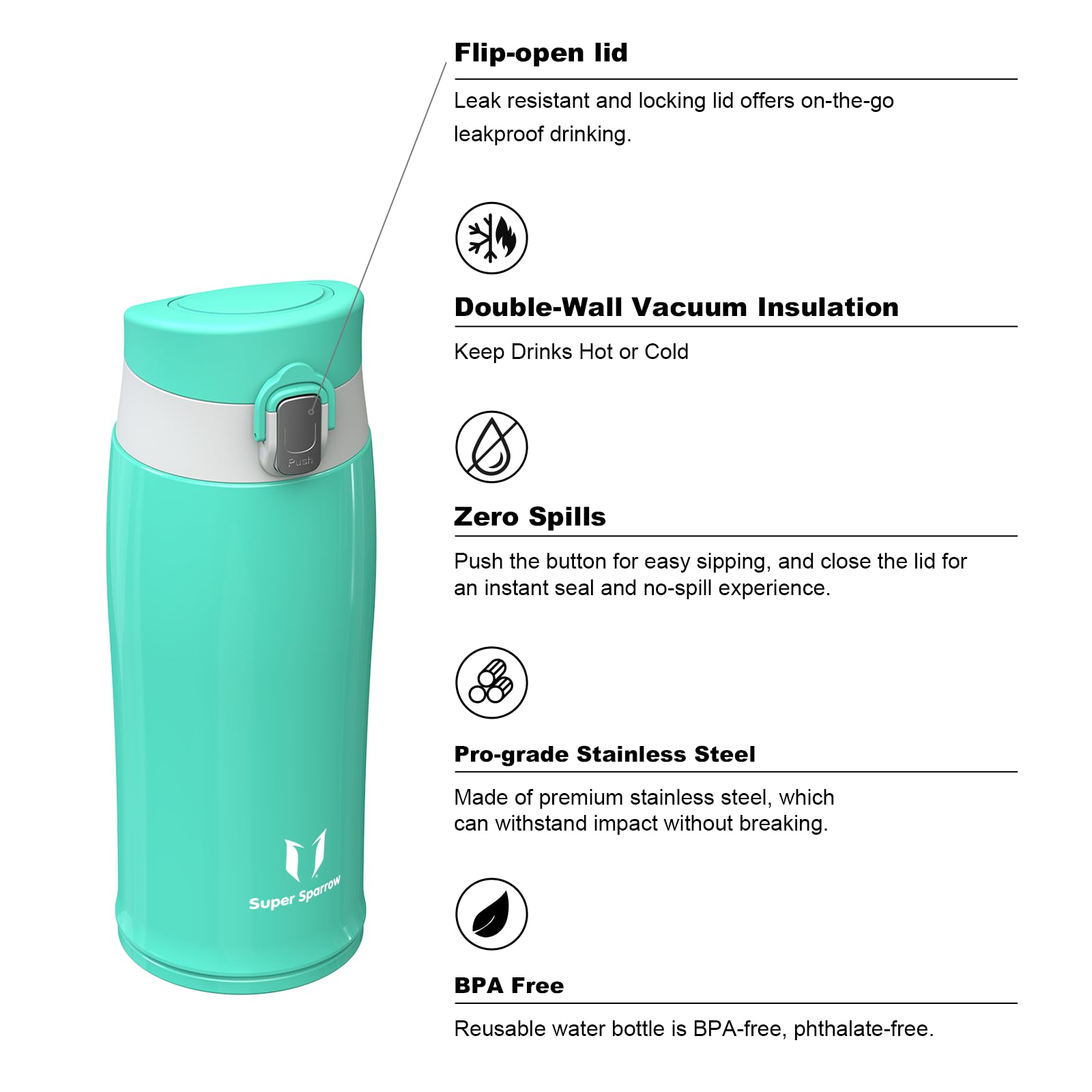 Super Sparrow Borraccia Termica, Acciaio Inox Bottiglia Termica - 350ml, 500ml, 750ml - Senza BPA Tazza Termica, Borraccia Termica per Bambini, Scuola, Sportiva, Bici, Campeggio, Palestra