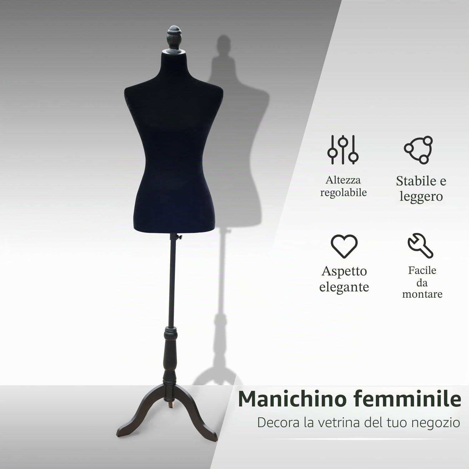 HOMCOM Manichino da cucito femminile regolabile a 130-168 cm con treppiede in legno 50 spille colorate per la fotografia di moda e l'esposizione di indumenti Nero