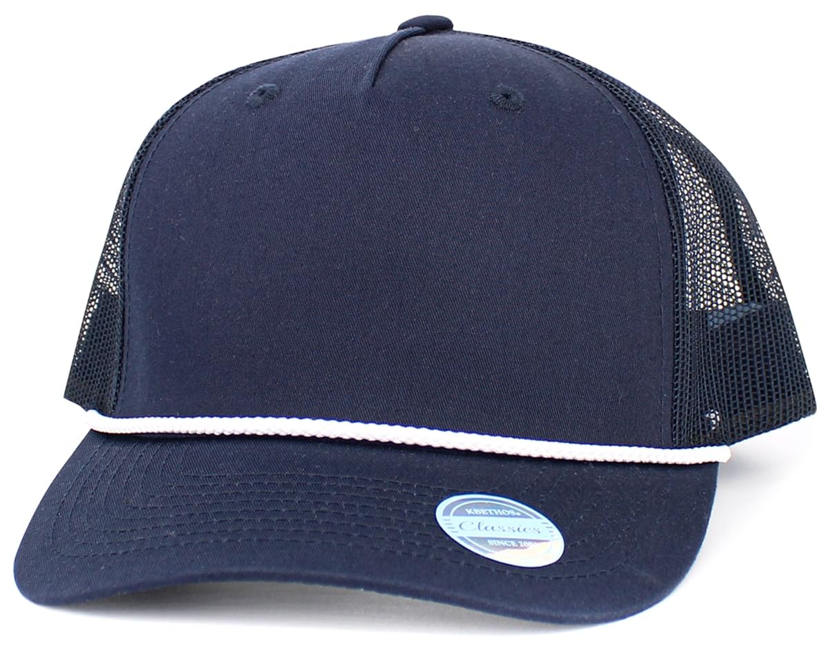 KBE-5-ROPE NAV-WHT Classic 5 Panel Cotton Twill Mesh Trucker Cap Hat Adjustable Snapback Hat