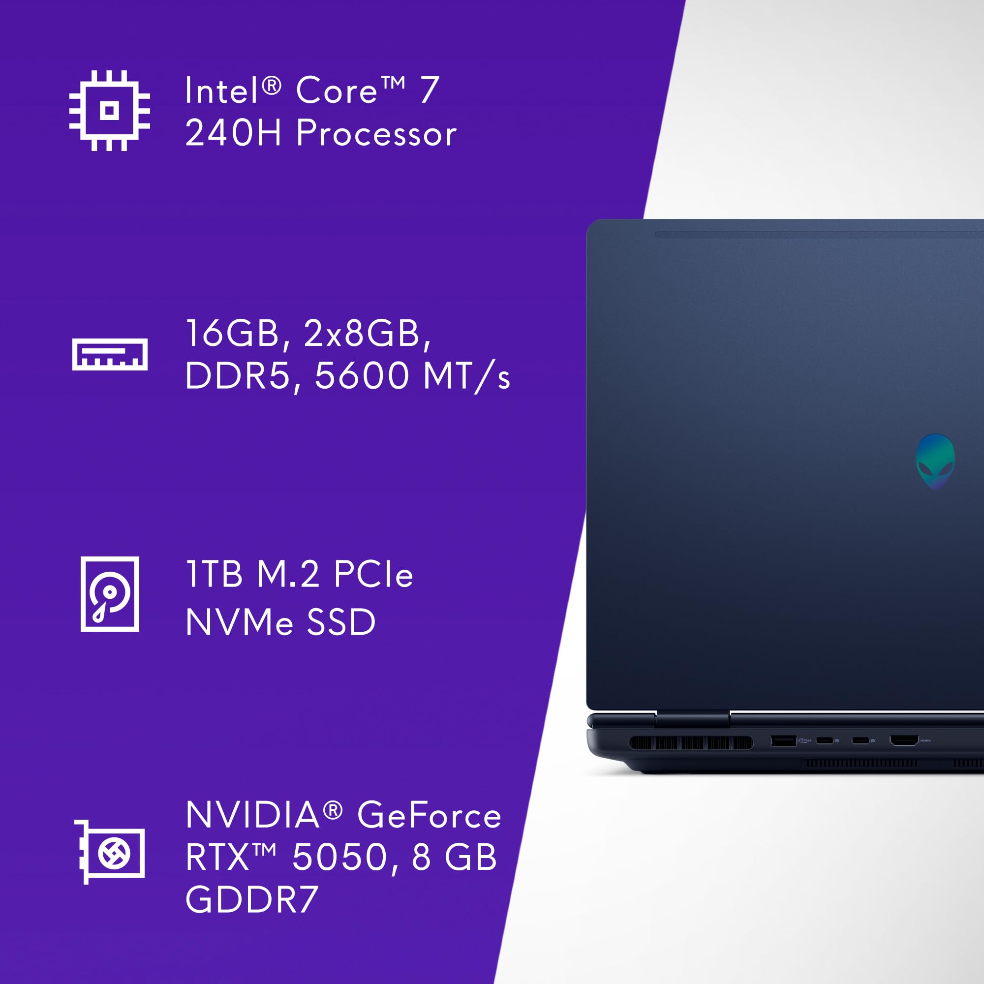 Alienware 16 Aurora Gaming Laptop AC16250-16" WQXGA 120Hz Display, Intel Core 7-240H Processor, 16GB DDR5 RAM, 1TB SSD, NVIDIA GeForce RTX 5050 8GB Graphics, Windows 11 Home, Onsite Service - Blue
