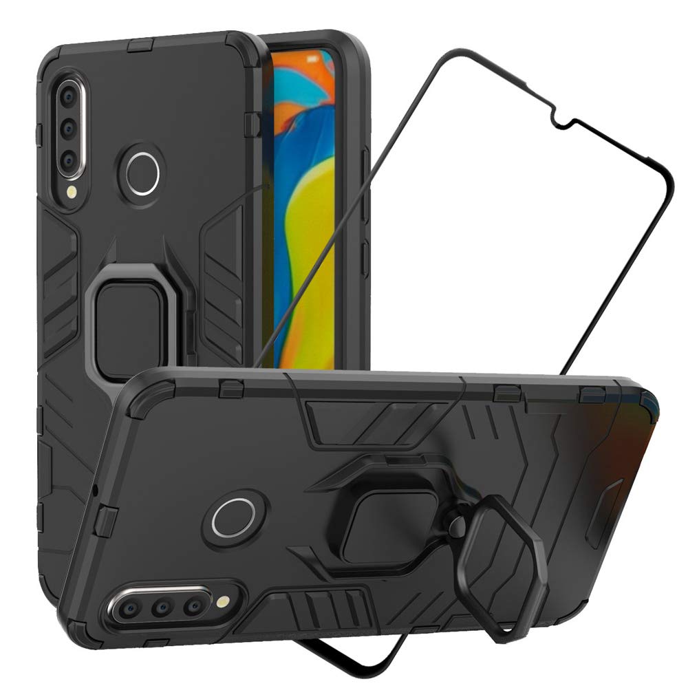2ndSpring Case for Huawei P30 Lite + Tempered Glass Screen Protector,Hybrid Heavy Duty Protection Shockproof Defender Kickstand Armor Case Cover,Black