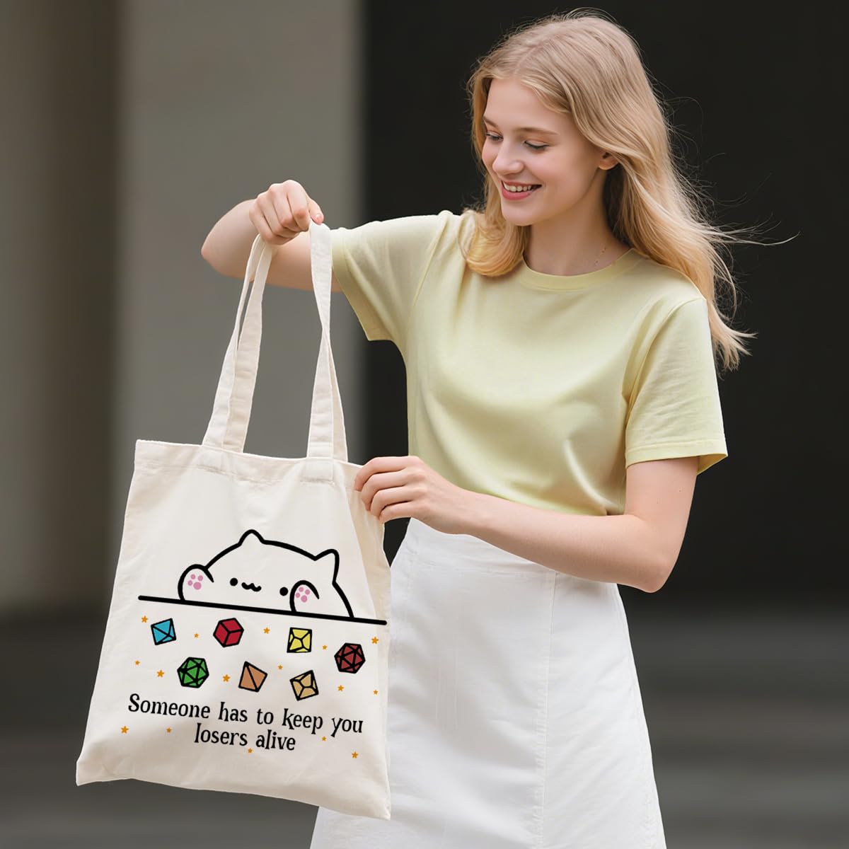 DnD Collection Tote Bag for Women, Cat Throwing Dice, Dungeon Master, Dragons Gamer Gift, Dungeons And Dragons Gifts for Women, Reusable Canvas Cute Shoulder Bag for Shopping, Grocery, Work, Book