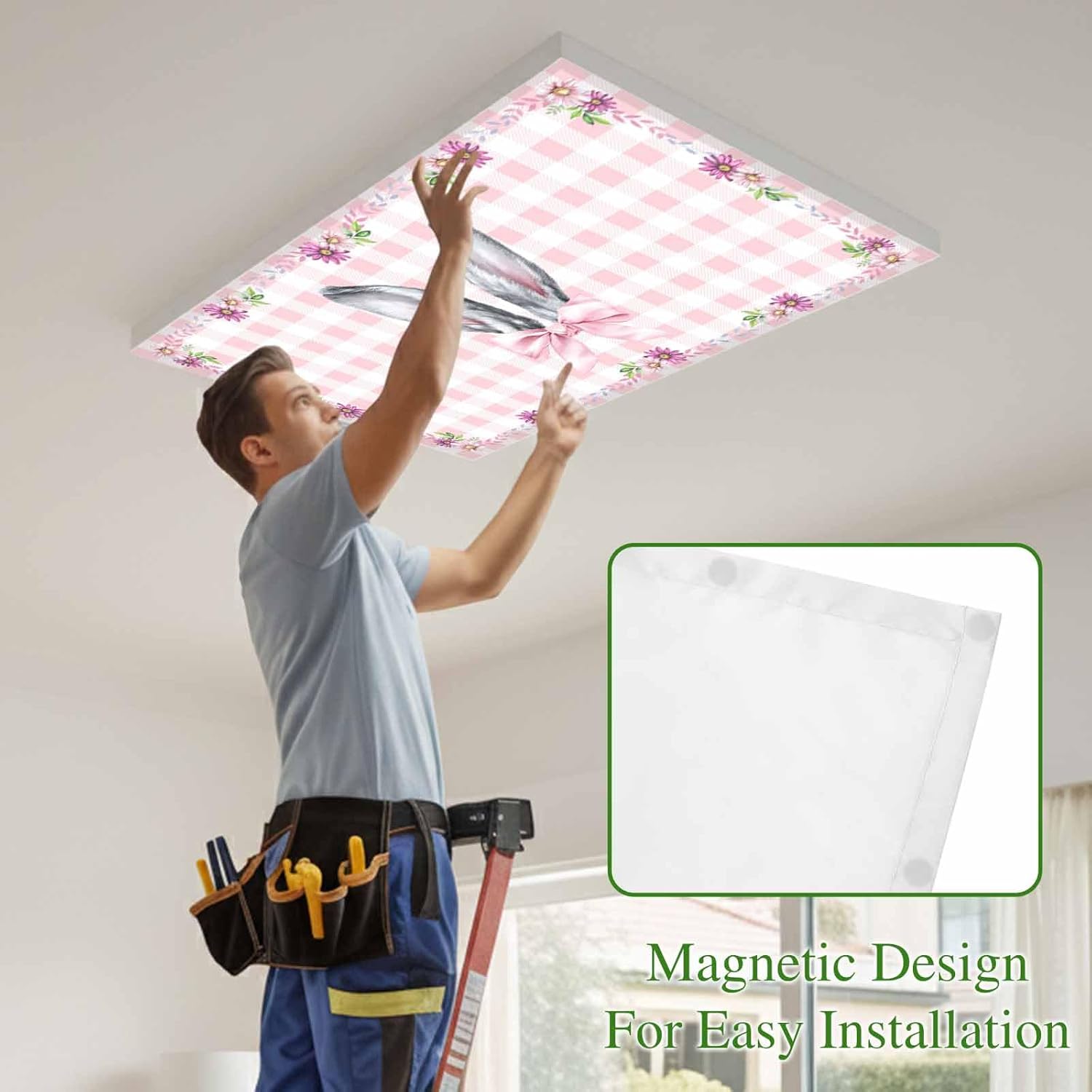 Spring Easter Fluorescent Light Covers for Ceiling Lights 4x2 feet,4 Pack Magnetic Light Filters for Classroom,Cute Rabbits Ears Bow Daisy Floral Pink Plaid Fluorescent Lamp Shade Panel for Office
