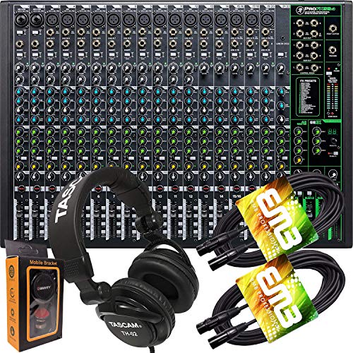 Mackie ProFX22v3 22-Channel Mixer with Built-in Effects and USB + Pro Headphone with Pair of EMB XLR Cable and Gravity Magnet Phone Holder Bundle, TH02 (2)+M