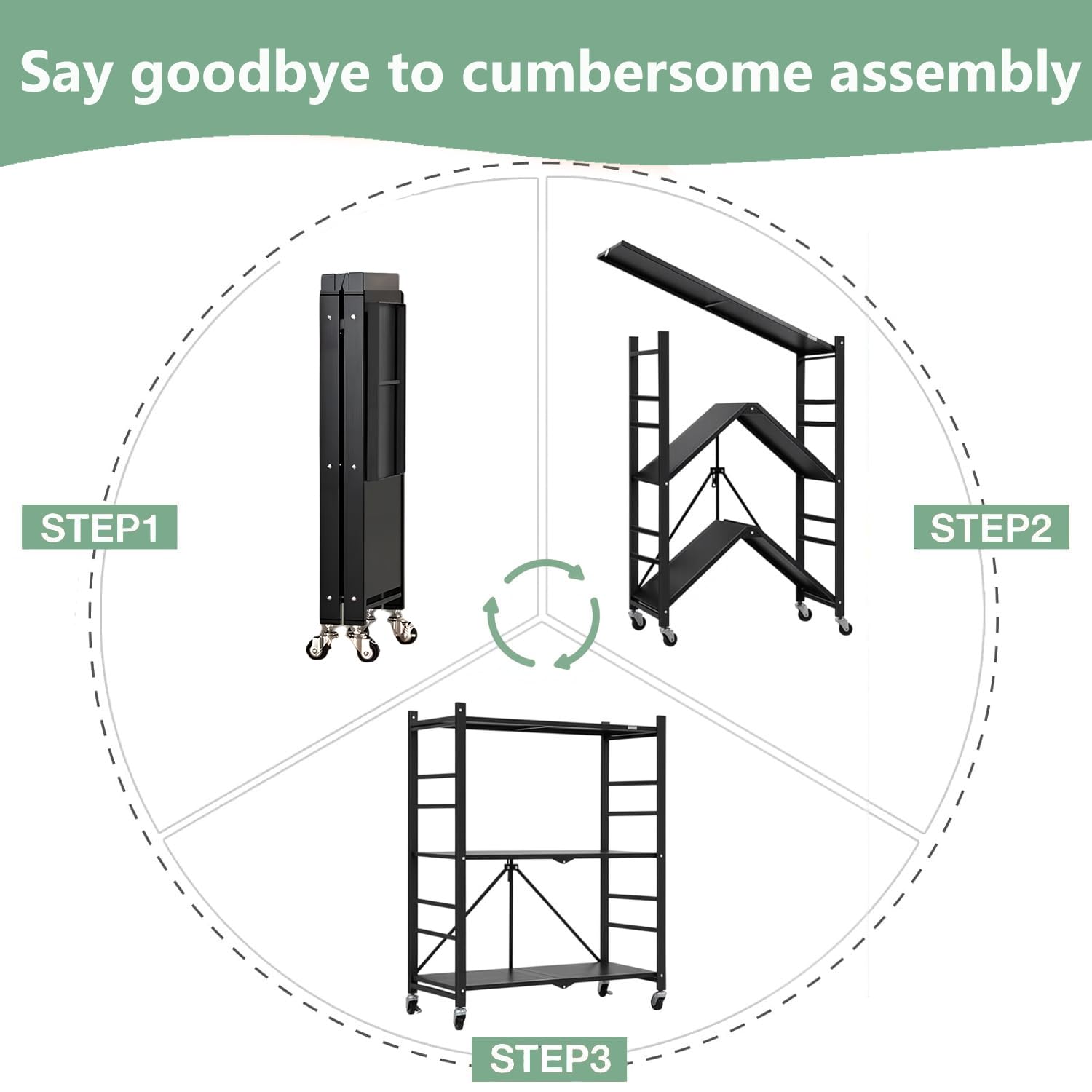 Scaffali in metallo a 3 ripiani, design pieghevole mobile per cucina, garage, lavanderia, bagno, soluzione salvaspazio