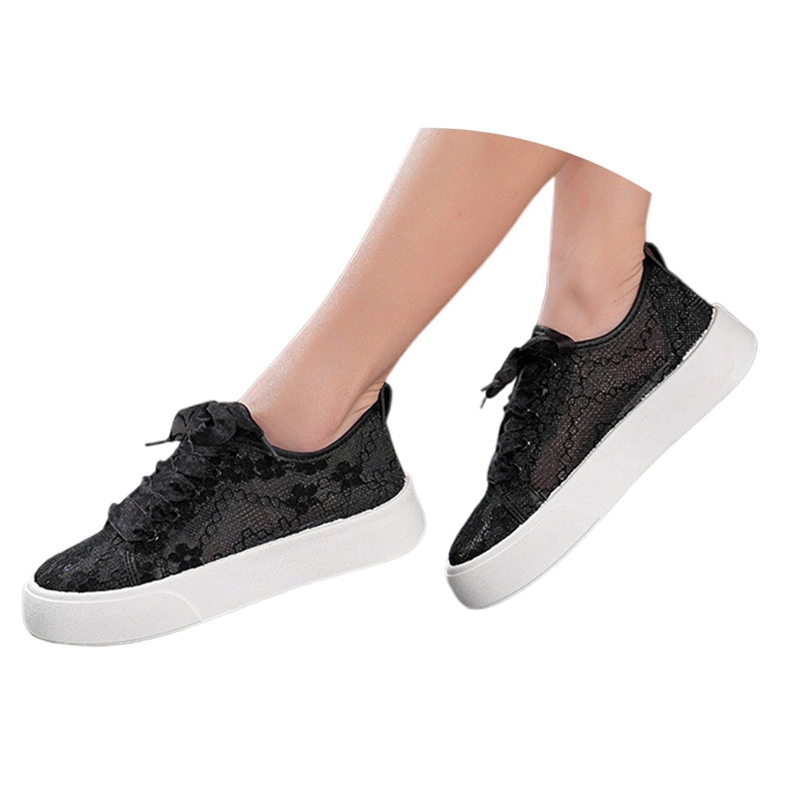 Scarpe da ginnastica da donna in pizzo bianco, in rete trasparente, con fiori, ricamate, piatte e traspiranti, eleganti, per il tempo libero, per lo sport all'aria aperta