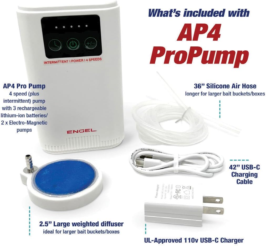 ENGEL Ultra Quiet Lithium-Ion USB Rechargeable Live Bait Aerator Pump & Bubbler with Universal Clip fits Most Bait Buckets - Large and Extra Large Version Available