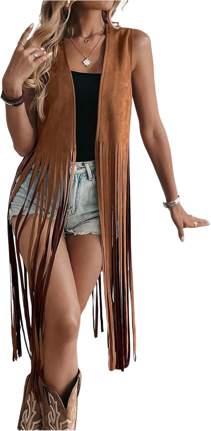 Milumia Women's Sleeveless Fringe Vest Faux Suede Western Cardigan Jacket