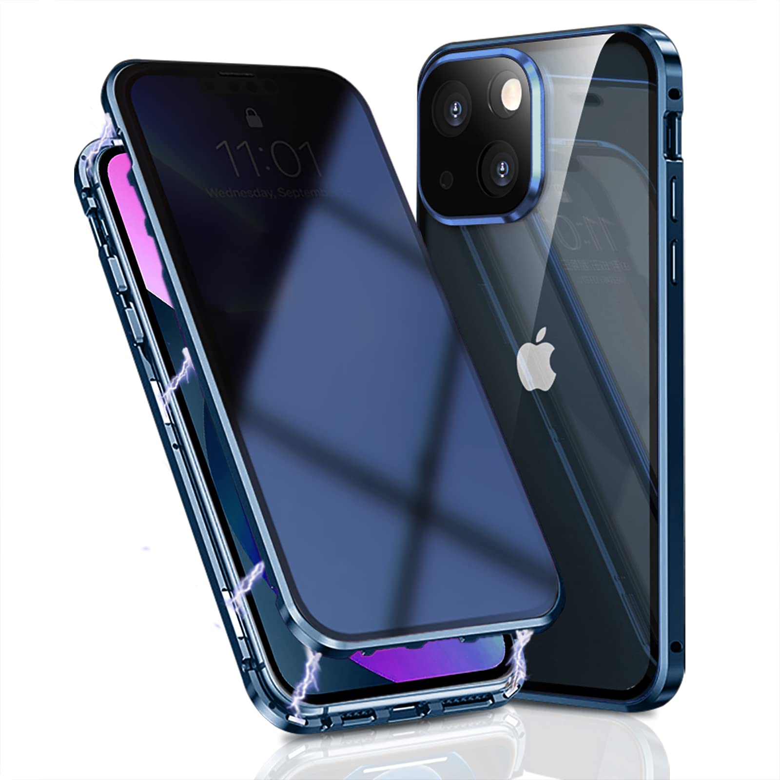 OMGZONE Privacy Case for iPhone 13 Magnetic Cover,Screen Protector built-in Anti-peep Tempered Glass Full Cover with Camera Protector,360 Degree Metal Bumper Case for iPhone 13,Blue