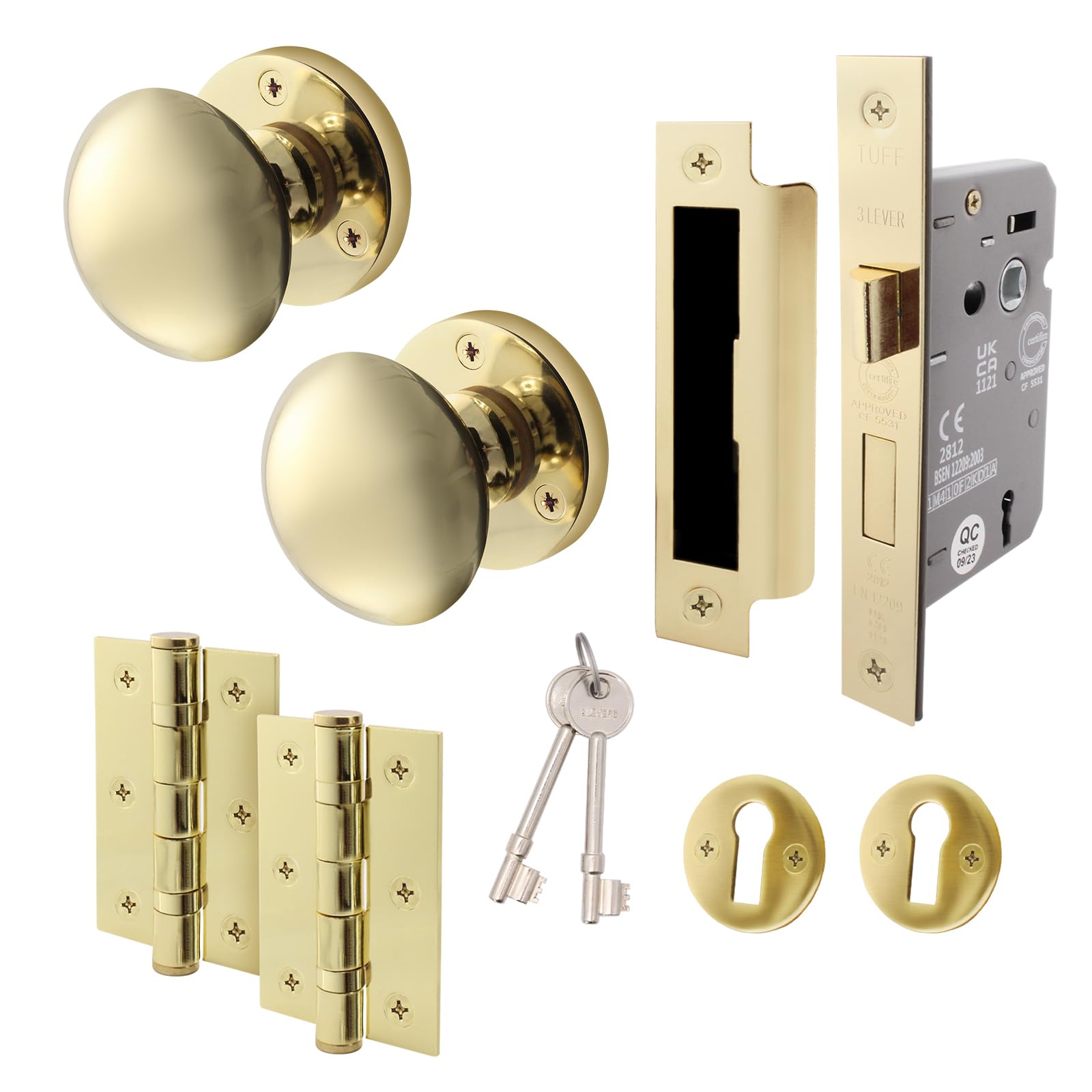 Eai Polished Brass Key Lock Door Knob Set - 1 Pair Of Victorian Mortice Knobs (55Mm), Sash Lock (80Mm) & Hinges (76Mm)