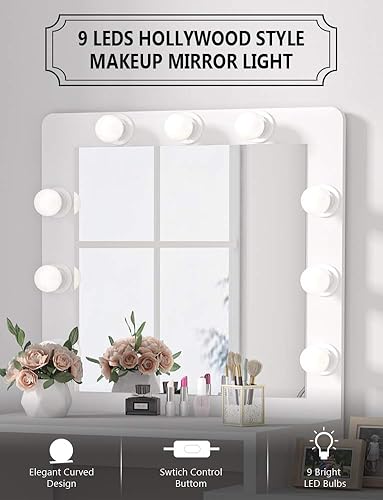 Miniatura 4 de Tribesigns - Juego de tocador grande con 9 bombillas mesa de maquillaje con 3 cajones de almacenamiento tocador para mujeres niñas dormitorio baño