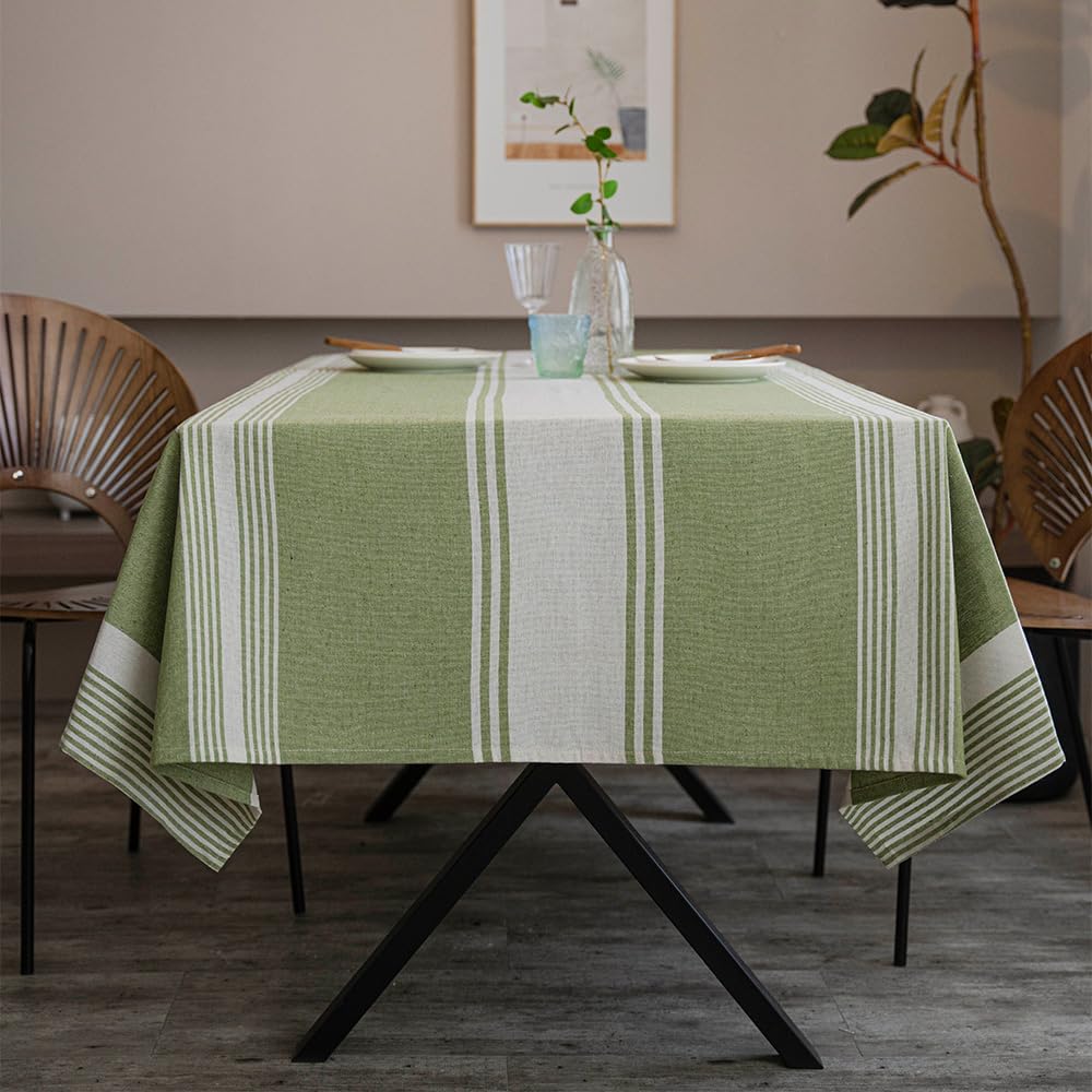 ArtBud Burlap Cotton Linen Table Clothes Farmhouse Tablecloth Striped Picnic Table Cover Heavy Fabric Table Top Coffee Kitchen Décor Green Rectangle