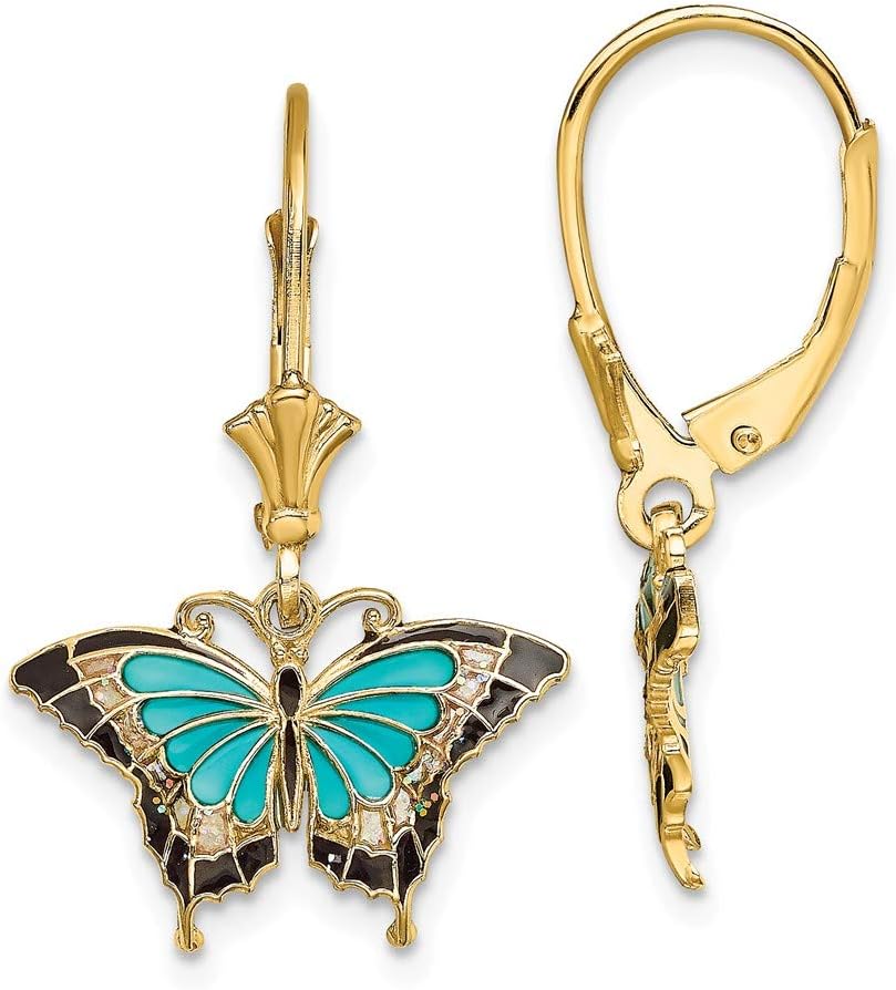 14K Yellow Gold Butterfly with Stained Glass Wings Leverback Earrings