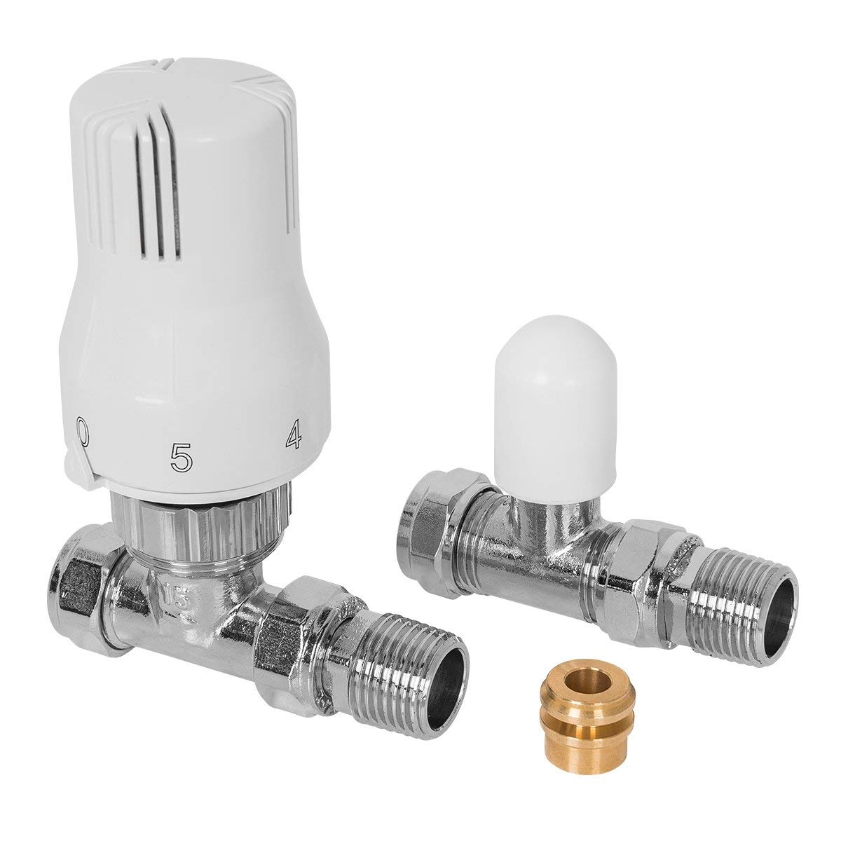 Warmehaus White 15Mm Thermostatic Straight Heating Radiator Valve And Lockshield With 15-8Mm Reducer