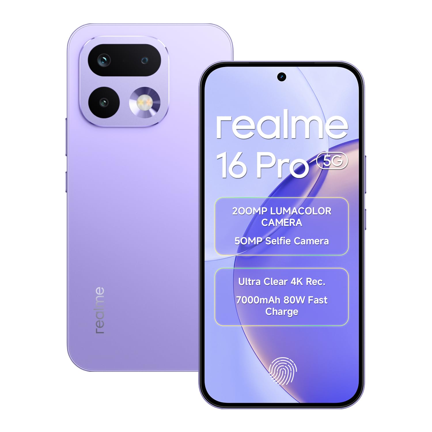 Realme 16 Pro 5G Smartphone 12GB RAM 256GB ROM 6.78 inch 144Hz AMOLED Display 7000mAh Battery 80W Ultra Charge 200MP AI Rear Camera 50MP Front Camera, Dimensity 7300-Max Chipset Android 16 IP69 Purple