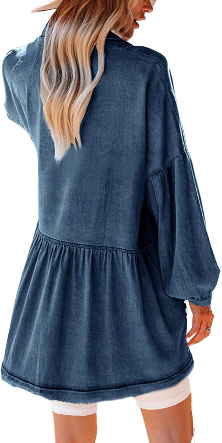 loveimgs Women Oversized Distressed Denim Button Down Shirt Tunic Dress Flowy Mini Jean Dress with Pockets