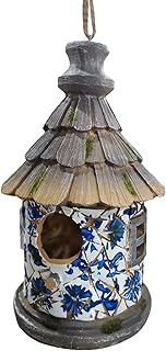 OUSHUAI Bird House for Outdoor with Pole Garden Decor Hanging Birdhouses Weatherproof BirdNest for Outside Bluebird, Finch, Wren, Chickadee, Wild Birds Big Size Resin White Bule