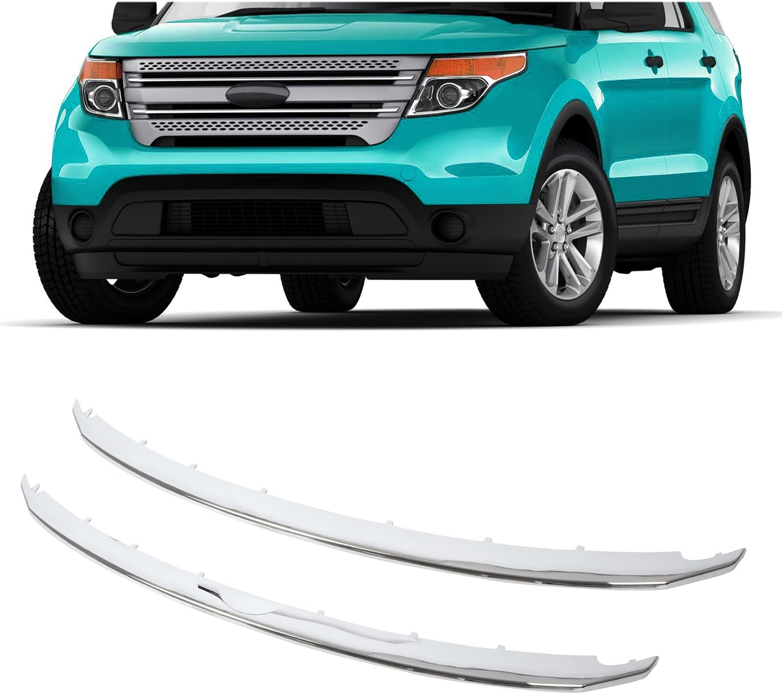 KUAFU Front Upper + Lower Grille Trim Compatible with 2011-2015 Ford Explorer Replacement for BB5Z-8200-AA BB5Z-8200-BA FO1216107 FO1217105 Grill Trim Silvery Chrome Plastic(ABS)