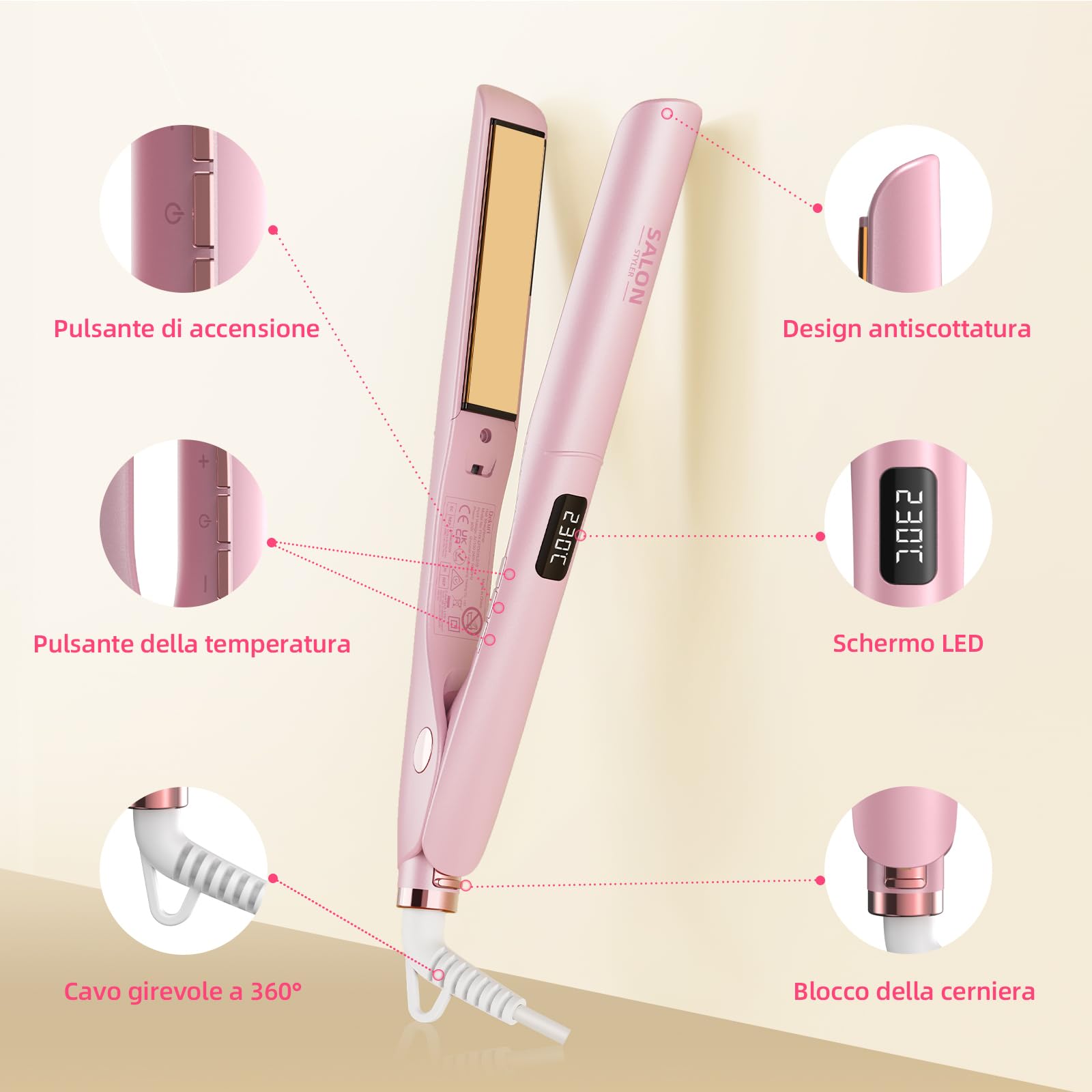 Dekuri 2 in 1 Piastra per capelli e arricciacapelli | piastra liscia in titanio, ferro da stiro a calore rapido 30s, display LCD 120-230℃, piastra capelli ioniche per donne