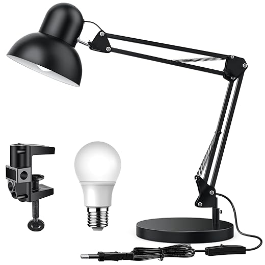 WAFTING Upgrade Große Schreibtischlampe, Schreibtischlampe Retro mit E27 Schraubbirne, Flexible Klemme auf Desk Lamp, Architektenlampe, 65cm Schwenkarm Schreibtischlampe, Led Tischlampe für Büro