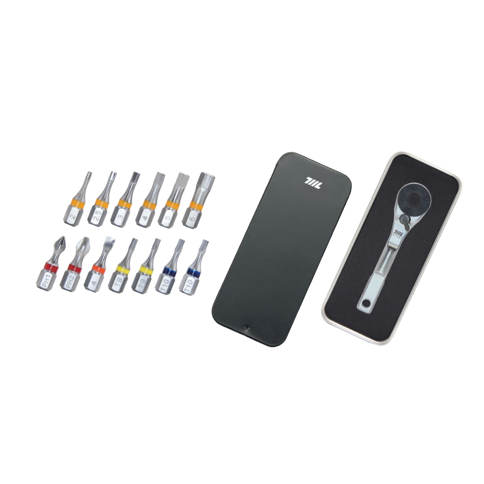 711L Flat End EDC Ratchet Wrench Key Ring Hole Version with 13 PCS Color Coded 1/4 Inch Hex Bit Set, 71141OBT