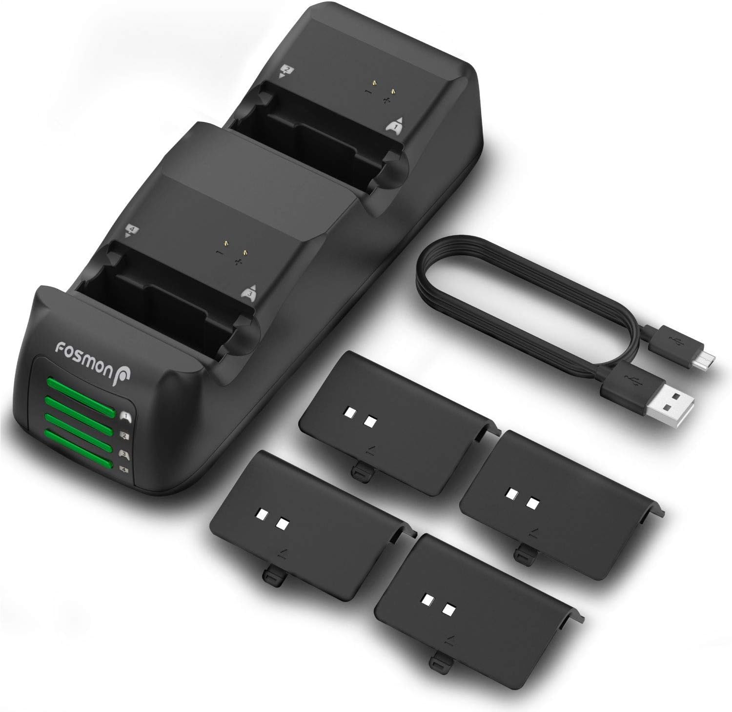Fosmon Quad PRO 2 Controller Charger Compatible with Xbox Series X/S Controllers (Not for Xbox One / 360 / Elite 2) Controllers, Dual Dock Charging Station with 4 Rechargeable Battery Packs - Black