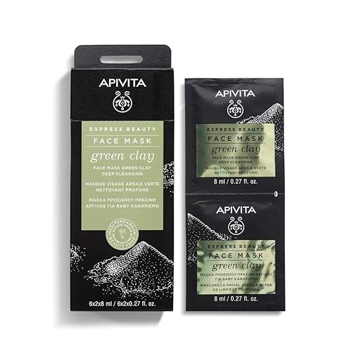 Apivita Express Beauty - Mascarilla de arcilla verde | Limpieza profunda para pieles grasas, (12 x 8 mL / 12 x 0.27 oz), 12 máscaras