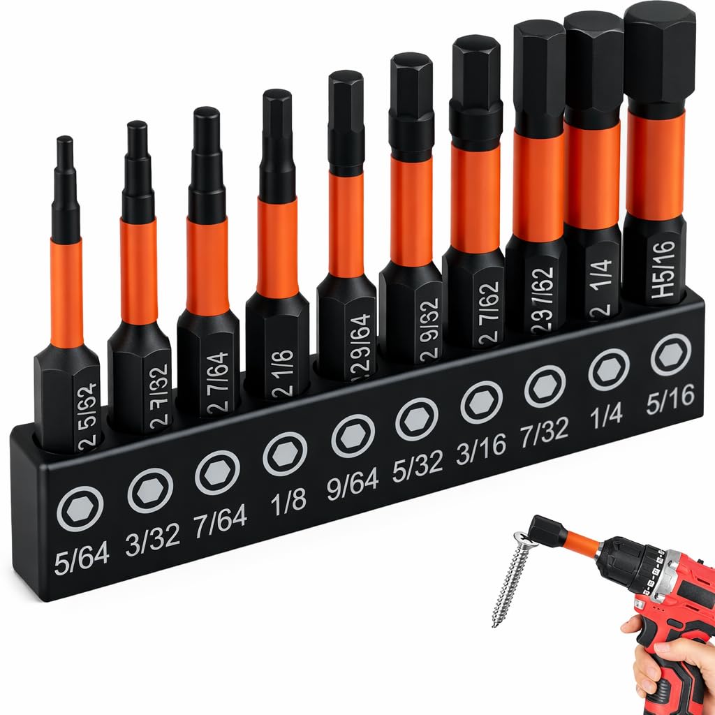 10 PCS Impact Hex Head Allen Wrench Drill Bit Set, 1/4 Inch Hex Shank S2 Steel Impact Bits with Magnetic Tips, Allen Key Drill Bit Set CNC Machined Bits for Driver and Power Tools