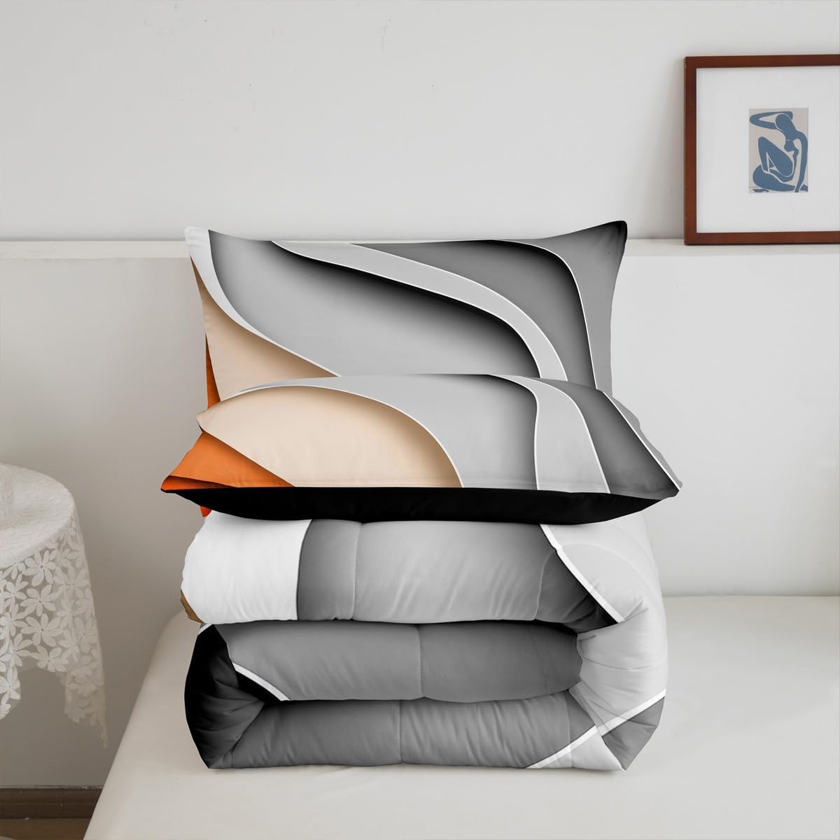Erosebridal Ocean Wave Comforter Set Abstract Bedding Sets Queen, Red Grey Gradient Bedding Sets & Collections Gray Orange Ombre Down Comforter, Tropical Coastline Bed Set for Kids Boys Girls Bedroom