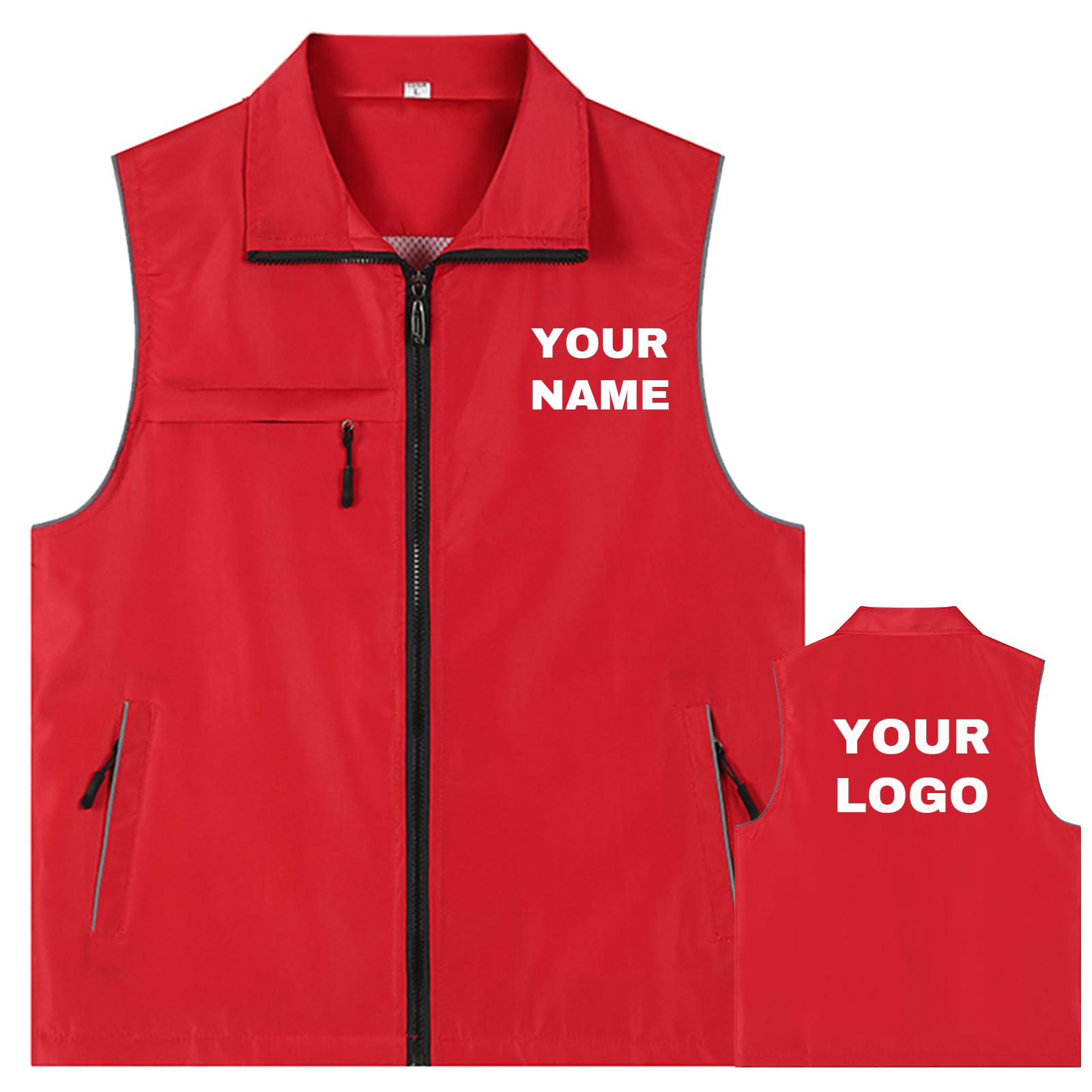 YOWESHOP Lightweight Zip-Up Safety Vest with Pockets for Outdoor Activities,Custom Logo Sleeveless Windbreaker,L,Red