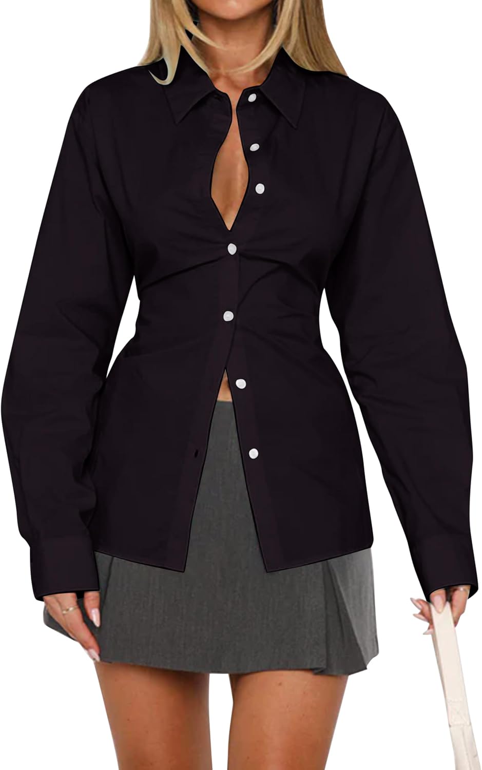 MISSACTIVER Women's Lapel Collar Button Down Shirt Cinch Waist Long Sleeve Casual Work Dressy Tunics Blouse Corset Tops