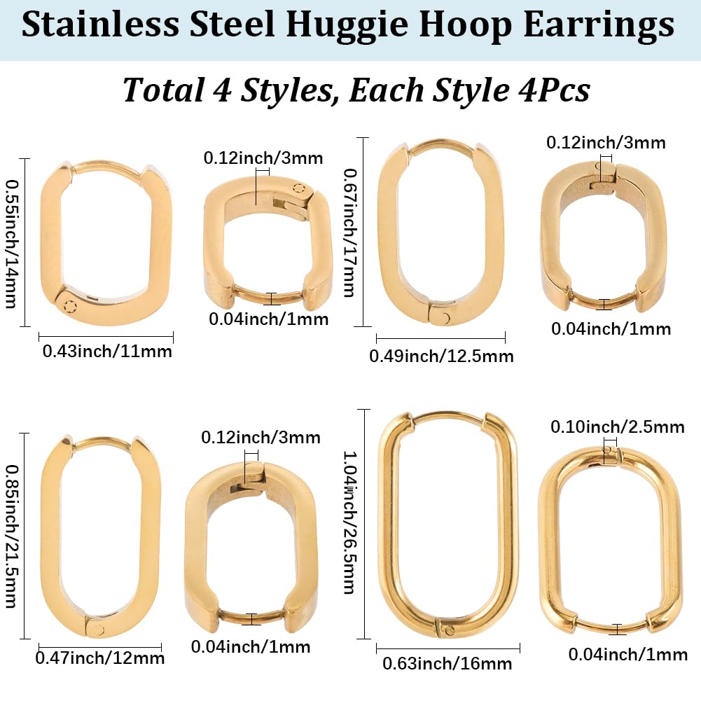 SUNNYCLUE 1 Box 8 works 4 Styles Huggie Earrings Stainless Steel Oval Hoop Earrings Golden Chunky Trendy Real 18K Gold Plated Hoop Findings for Jewellery Making Huggie Ear Rings DIY Crafts Women - Image 2