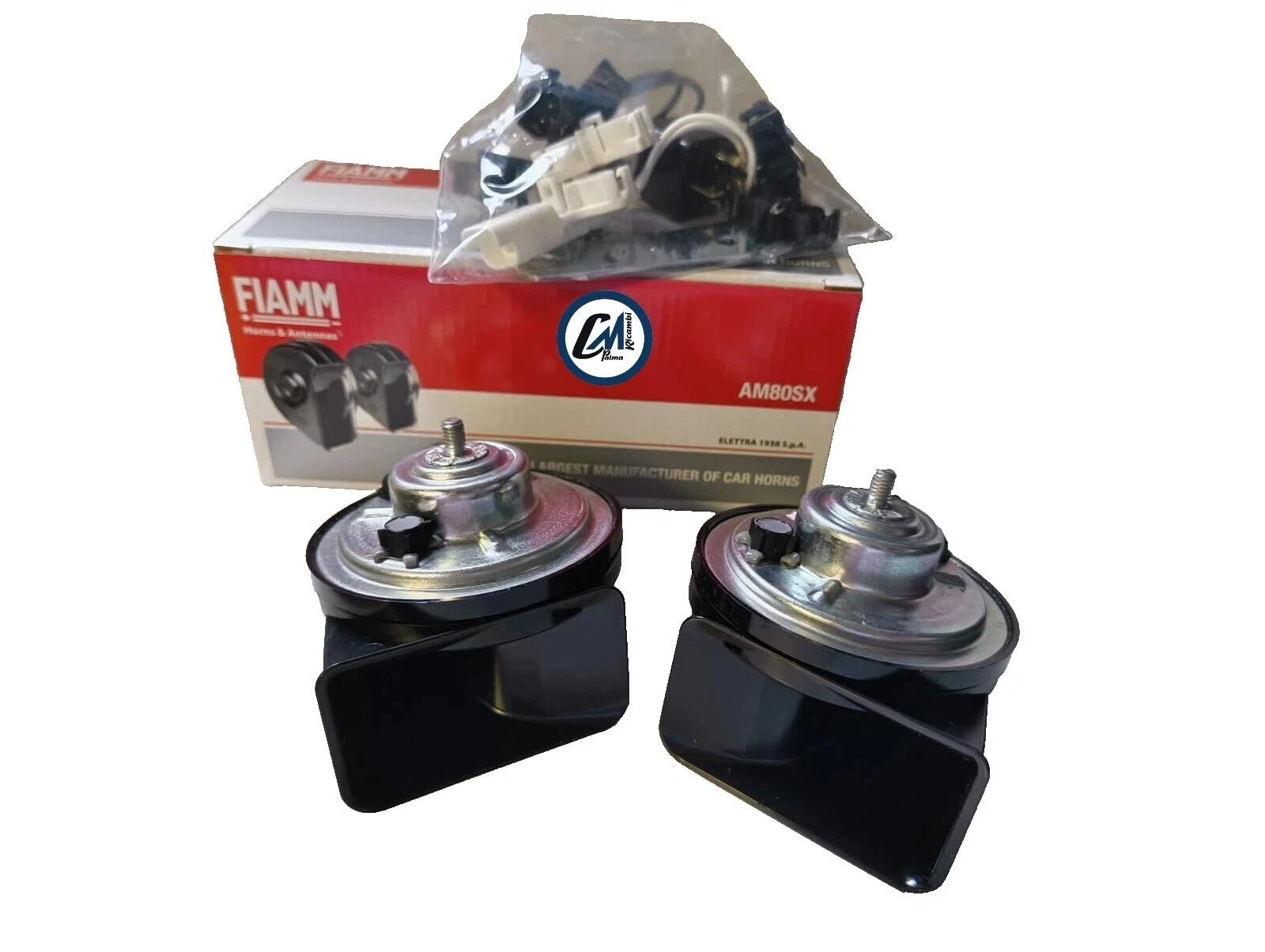 COPPIA TROMBE CLACSON FIAMM AM80SX 12V AUTO + RELE' + STAFFE TONI ALTI + BASSI 932822Z