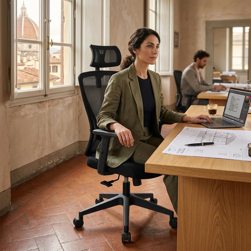 Sedia Ufficio Ergonomica con Poggiatesta 2D, Sedia da Scrivania Supporto Lombare Regolabile, Schienale in Rete Traspirante, Seduta Imbottita, Funzione Basculante 90°-130°, Nera