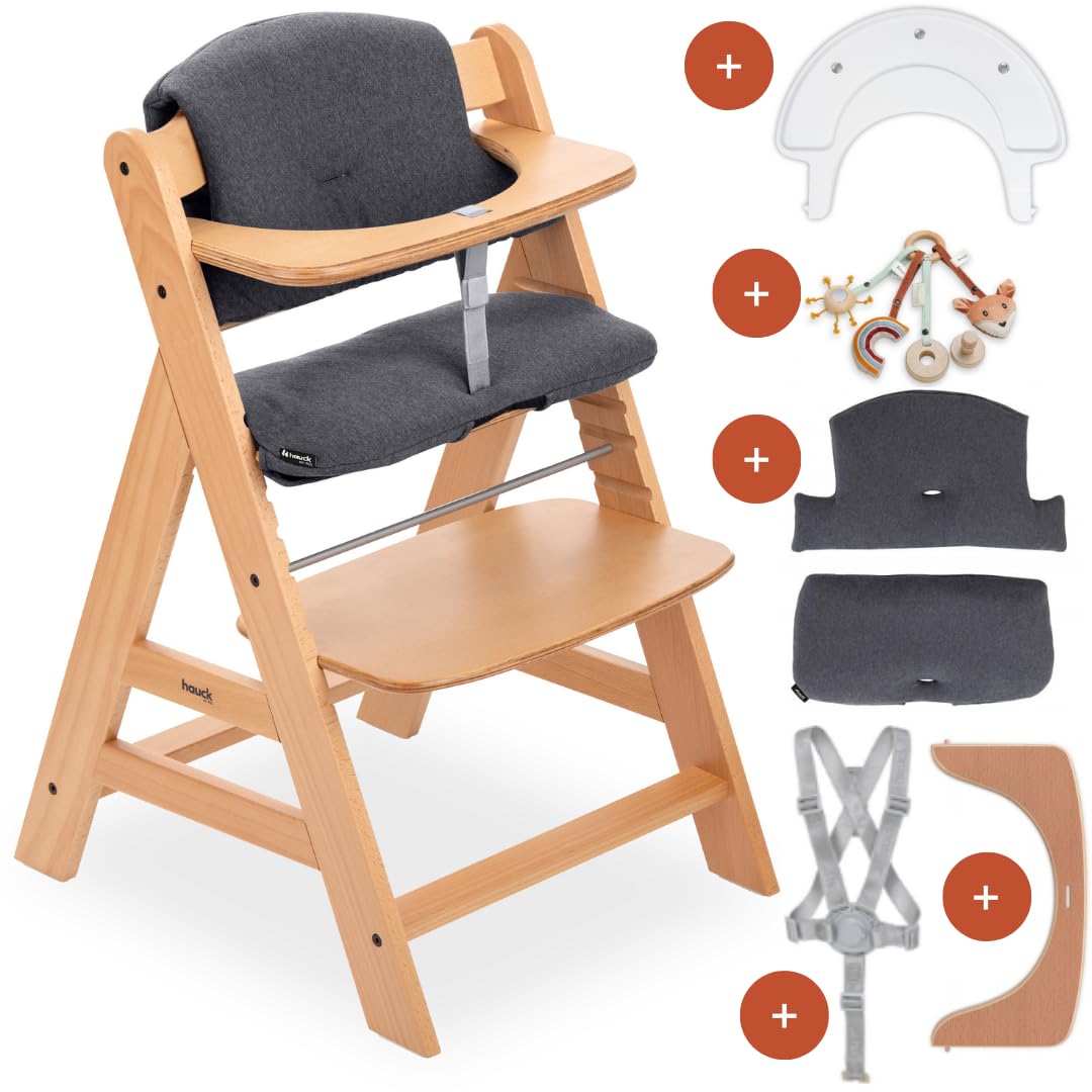 Hauck hauck Set de Silla de Madera para Niños Alpha Plus, Bandeja de Juego Play Tray, Juguete para la Trona y Cojín de 2 Piezas, Tronas de Bebe Evolutiva desde 6 Meses - Natural