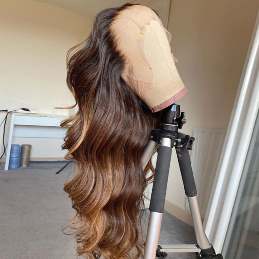 Highlight Wig Synthetic Hair Hand Tied Natural Preplucked Hairline Illusion Lace Frontal Lacewig 4/27 Ombre Honey Blonde Heat Resistant Fiber Wig