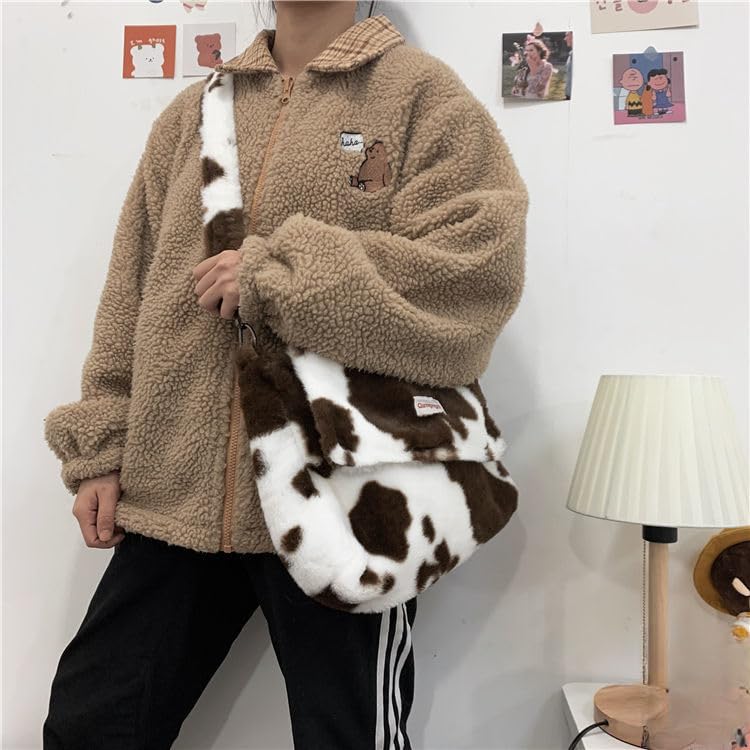 Cute Cow Pattern Fuzzy Messenger Bag for Women Fluffy Tote Bag Plush Crossbody Bag (Brown)2